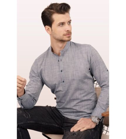 <tc>Chemise slimfit en lin à col mao avec trois boutons, couleur gris clair, en boîte cadeau - 6531</tc>