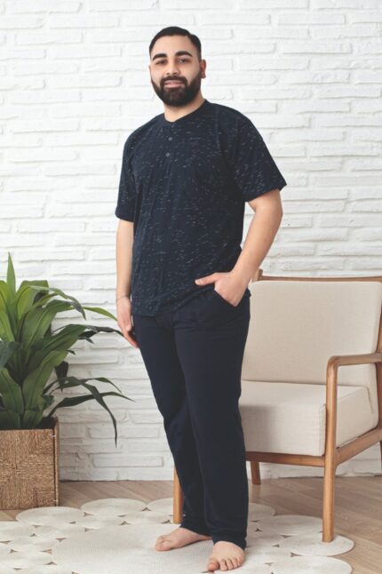 <tc>Ensemble pyjama pour homme grande taille, à manches courtes, avec col à boutons, en coton, avec poches.</tc>