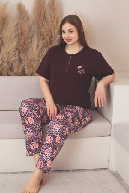 <tc>Ensemble pyjama en coton à manches courtes avec col à boutons, grande taille, en tissu jersey, X-Dreamy.</tc>