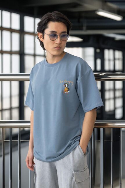 <tc>T-shirt oversize pour homme en coton avec imprimé sur les poches, en tissu deux fils</tc>