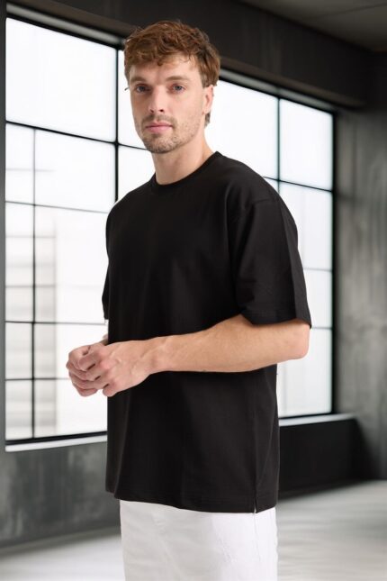 <tc>T-shirt oversize basic à col rond en tissu coton deux fils pour homme_x000D_

</tc>