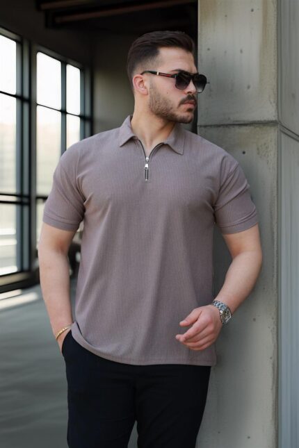 <tc>T-shirt pour homme en tricot à col polo et demi-fermeture éclair, en tissu élastique_x000D_

</tc>