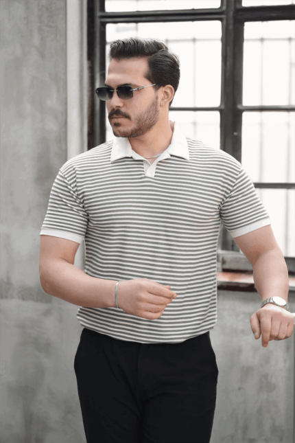 <tc>T-shirt pour homme à col polo avec motif tricoté à rayures._x000D_

</tc>