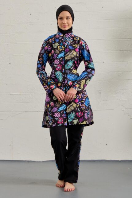 <tc>Maillot de bain entièrement fermé pour femme, design coloré avec de grandes fleurs.
</tc>