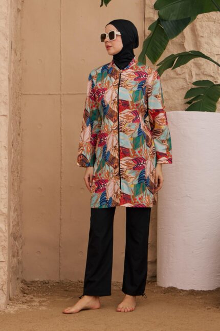 <tc>Maillot de bain modeste en tissu tissé avec motif printanier</tc>