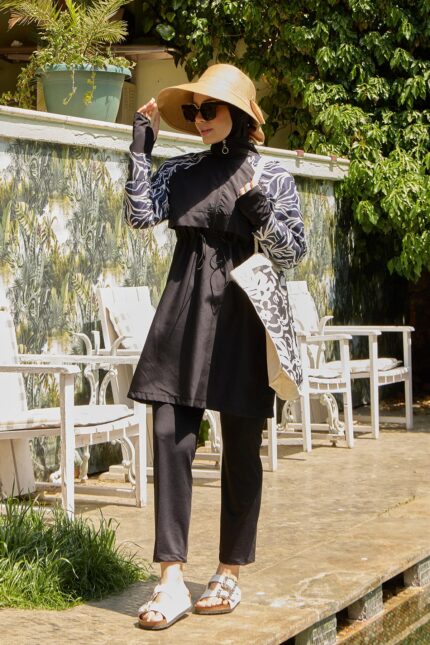 <tc>Maillot de bain modestie en tissu parachute extensible avec rabat frontal et manches à motif_x000D_

</tc>