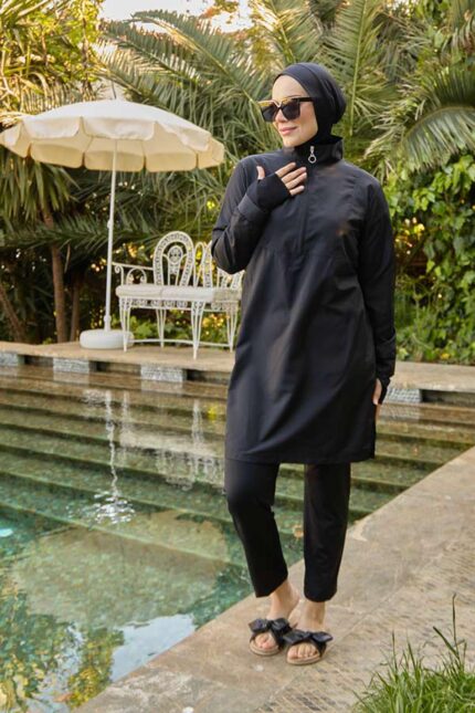 <tc>Maillot de bain modeste avec détail de passage pour les doigts, uni._x000D_

</tc>